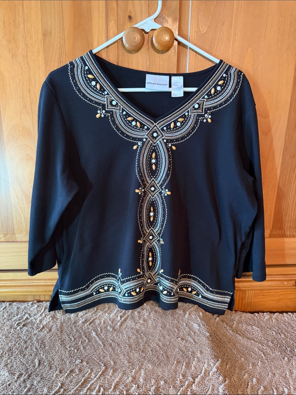 Alfred Dunner Black Embellished V-Neck Tunic with Taupe & Cream Accents - Large